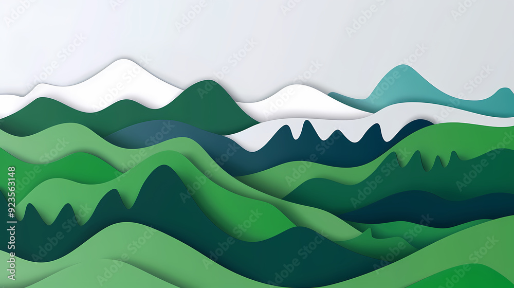 Fototapeta premium Green nature mountains landscape.3d Paper cut abstract minimal nature scene, template background.Vector illustration.
