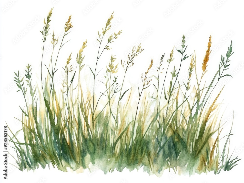 Watercolor painting of tall meadow grass with wispy seed heads isolated on a white background  Serene and ethereal floral with a natural organic feel