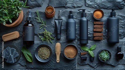 luxury men s skincare beauty products set on stone desk table flat lay black shampoo bottle jar of moisturizer cream deodorant razor serum.