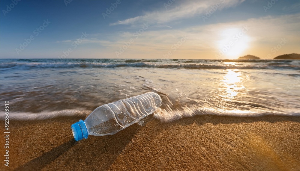 Plastic Pollution on Pristine Shore A discarded plastic bottle mars the beauty of a serene beach, highlighting the devastating impact of pollution on our oceans and environment. Plastic Pollution on Pristine Shore A discarded plastic bottle mars the beauty of a serene beach, highlighting the devastating impact of pollution on our oceans and environment.