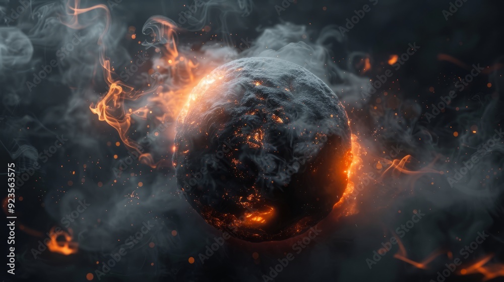 Fiery planet surrounded by swirling smoke in a dark cosmic setting Fiery planet surrounded by swirling smoke in a dark cosmic setting