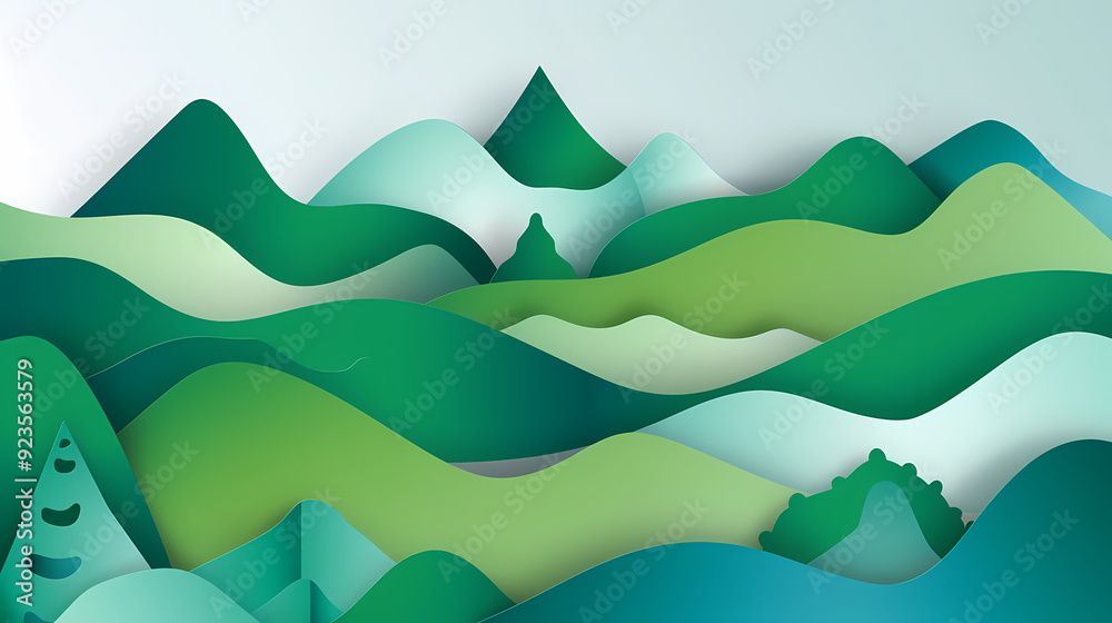 Obraz premium Green nature mountains landscape.3d Paper cut abstract minimal nature scene, template background.Vector illustration.