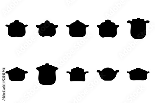 Boiling pot silhouette icon set. Cooking ware flat design
