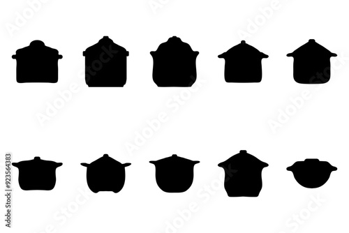 Boiling pot silhouette icon set. Cooking ware flat design