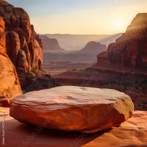 Stone Stage in the Canyon A natural rock podium basks in the warm glow of a desert canyon, ideal for product placement amidst dramatic scenery.