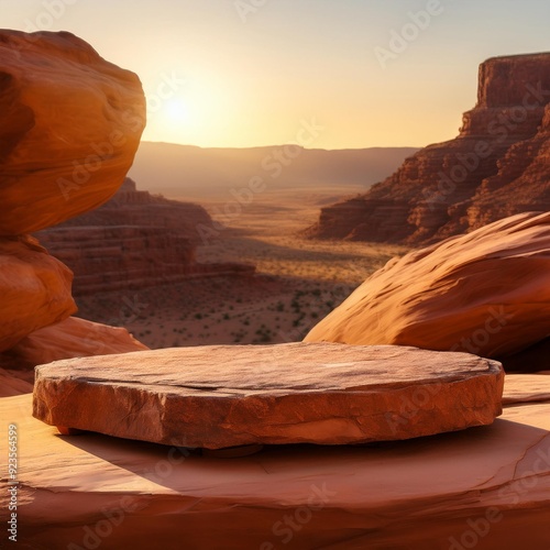 Stone Stage in the Canyon A natural rock podium basks in the warm glow of a desert canyon, ideal for product placement amidst dramatic scenery.