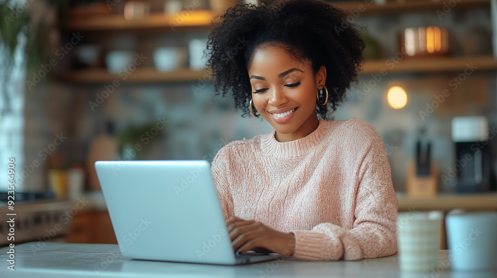 Happy black woman using laptop in the kitchen. Happy black woman using laptop in the kitchen.