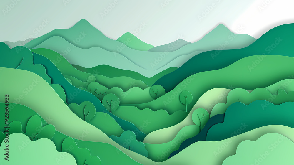 Obraz premium Green nature mountains landscape.3d Paper cut abstract minimal nature scene, template background.Vector illustration.