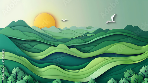 Green nature mountains landscape.3d Paper cut abstract minimal nature scene, template background.Vector illustration.