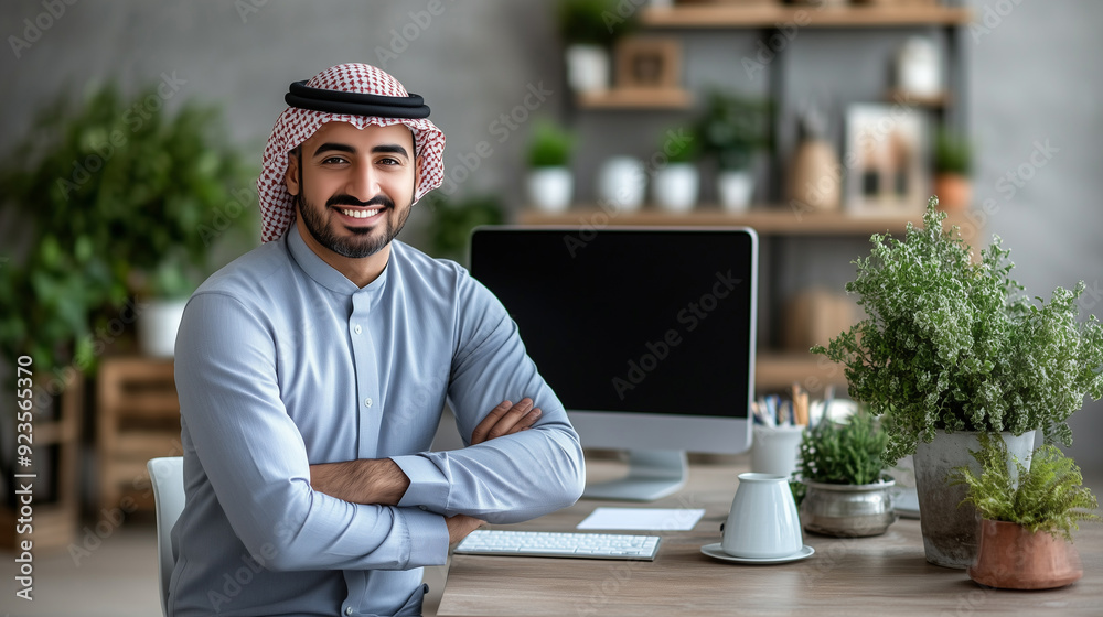 Happy Smiling Arab Man Sitting On Desk Posing With Folded Arms Showing Pc Computer With Blank Black Screen At Home Office, Free Copy Space. People, Technology, Remote Work Concept. Happy Smiling Arab Man Sitting On Desk Posing With Folded Arms Showing Pc Computer With Blank Black Screen At Home Office, Free Copy Space. People, Technology, Remote Work Concept.