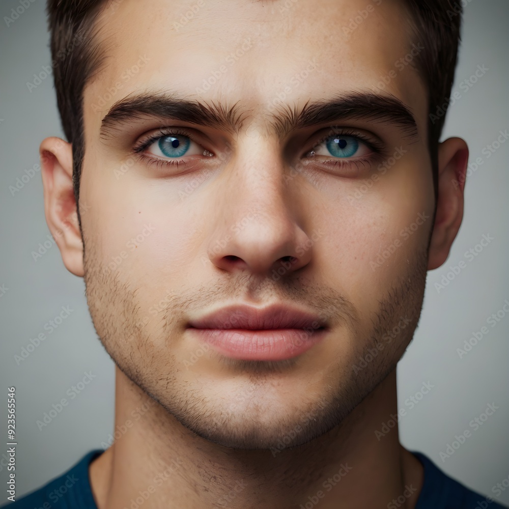 Fototapeta premium close-up portrait of a young man with blue eyes and styled hair, wearing a casual t-shirt, perfect for fashion or lifestyle branding