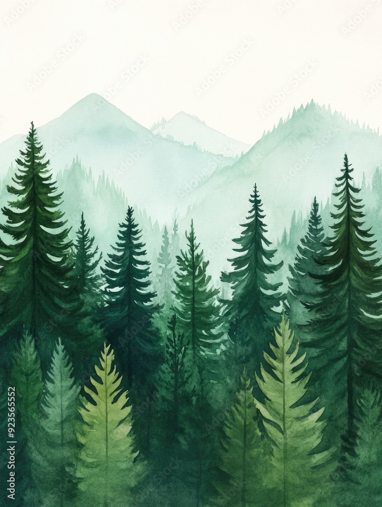 Fototapeta premium Vibrant Watercolor of Dense Evergreen Forest Trees with Verdant Foliage on Isolated White Background