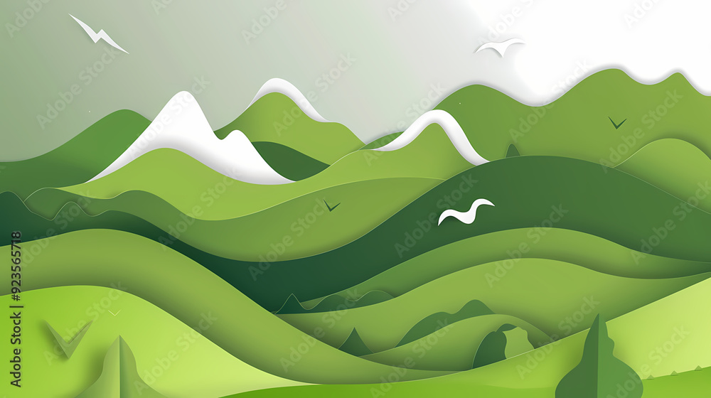 Obraz premium Green nature mountains landscape.3d Paper cut abstract minimal nature scene, template background.Vector illustration.