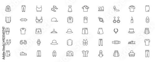 Fashion Minimal line icons collection. Jacket, Winter Coat, Sweatshirt, Dress, Hoody, Jeans, Hat icon for apps and website