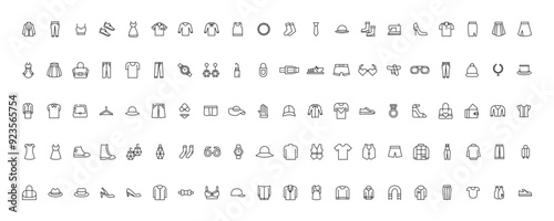 Fashion Minimal line icons collection. Jacket, Winter Coat, Sweatshirt, Dress, Hoody, Jeans, Hat icon for apps and website