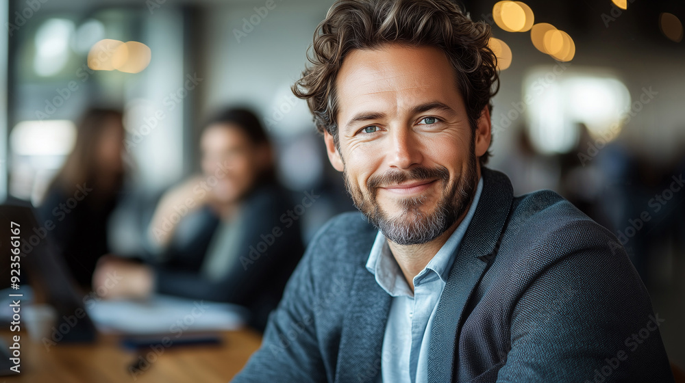 Portrait of a business man sitting in an office with his colleagues in the background. Happy business man working in a co-working office. Portrait of a business man sitting in an office with his colleagues in the background. Happy business man working in a co-working office.