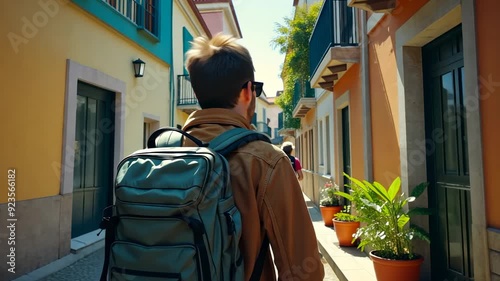 A man wearing a backpack is walking down a street. He is wearing sunglasses and a brown jacket