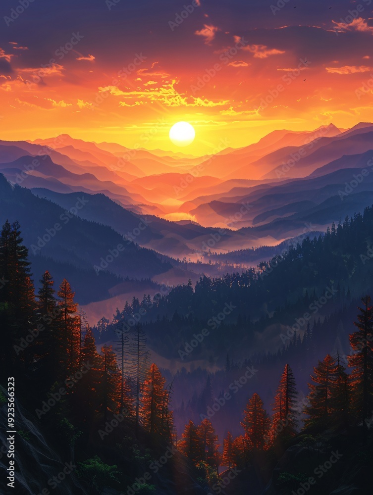 The sun sets behind distant mountains, casting warm hues across the valleys filled with trees and mist in the tranquil evening light The sun sets behind distant mountains, casting warm hues across the valleys filled with trees and mist in the tranquil evening light