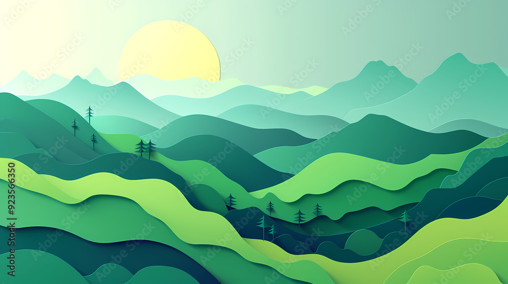 Obraz premium Green nature mountains landscape.3d Paper cut abstract minimal nature scene, template background.Vector illustration.