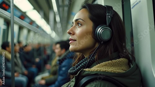 A woman wearing headphones is sitting on a subway train. Concept of solitude and introspection, as the woman is the only person visible in the scene