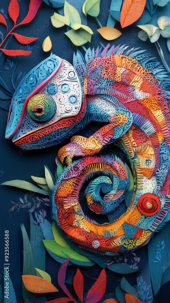 Obraz premium Colorful paper art depiction of a chameleon surrounded by vibrant leaves and flora, blending beautifully with its background.