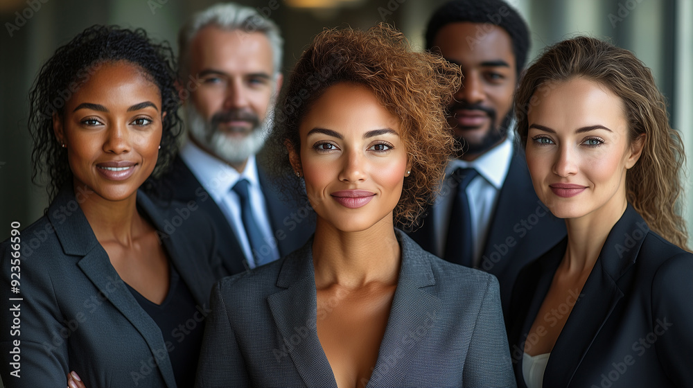 A diverse group of businesspeople poses for a professional team photo, exuding confidence and professionalism, while looking smart and impeccable.