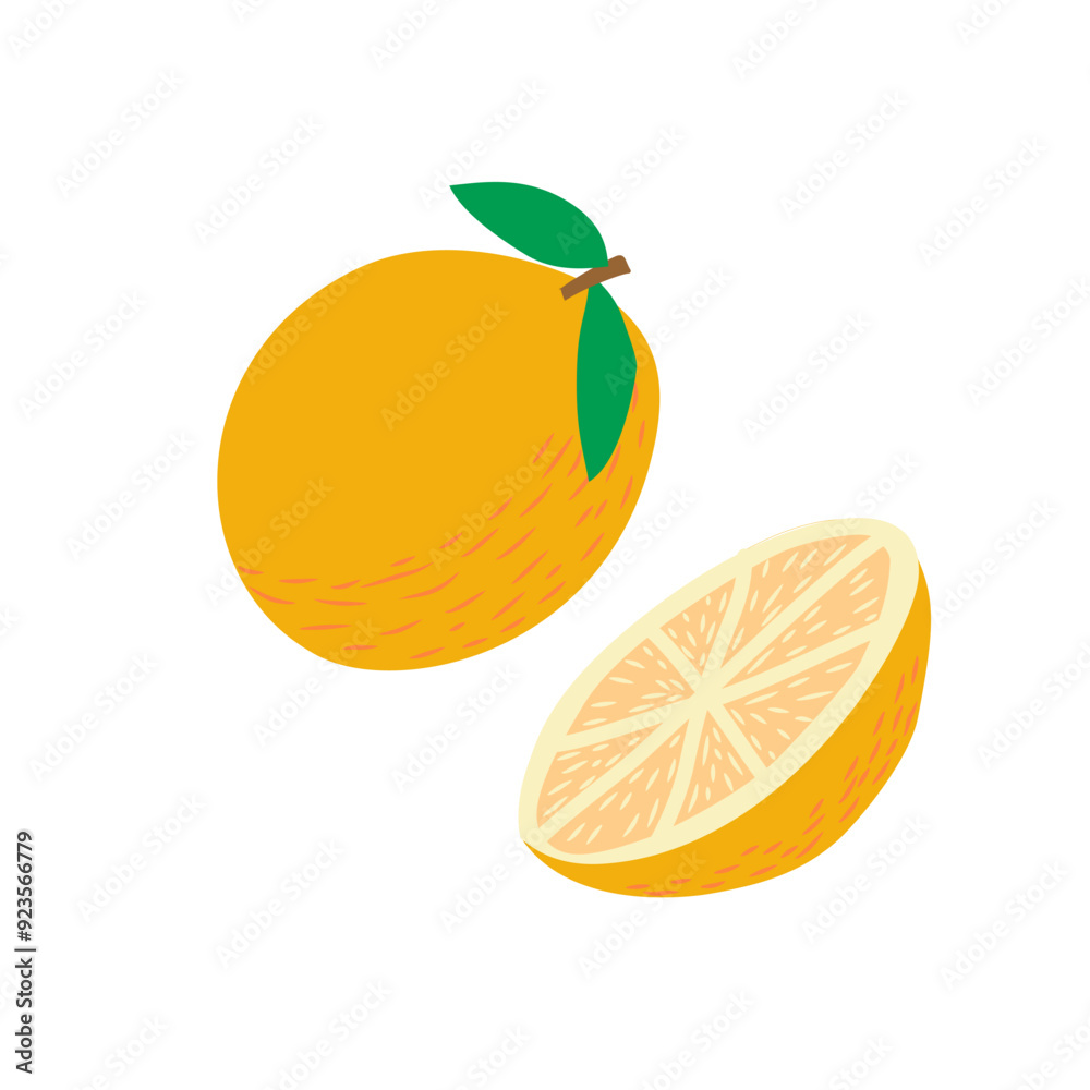 Two orange with leaf, half slice orange at bottom Two orange with leaf, half slice orange at bottom