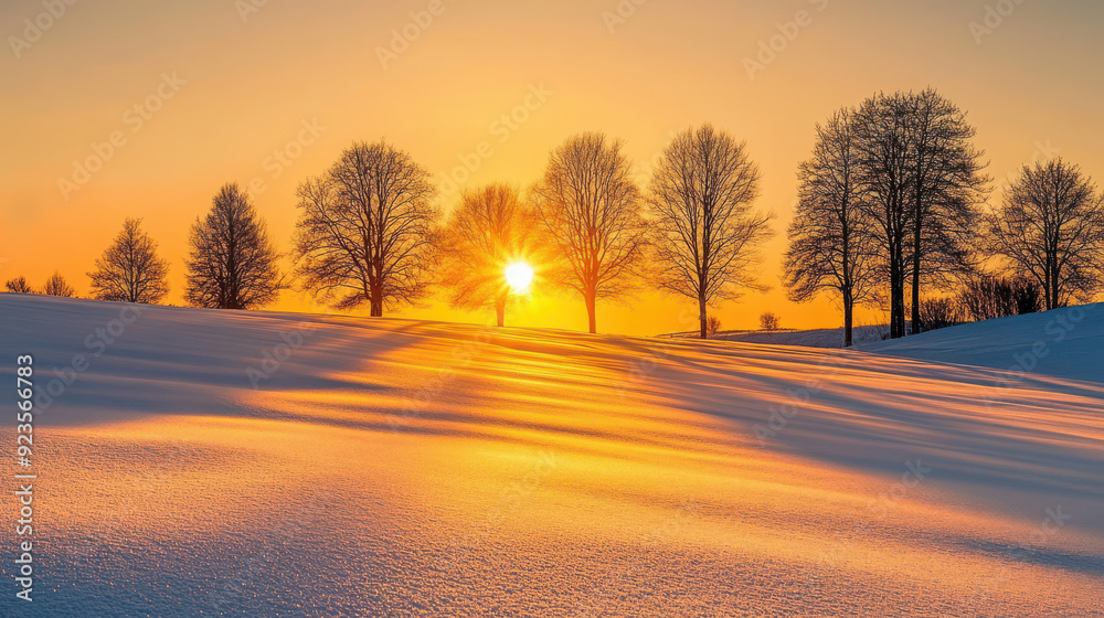 Winter sunset casting a golden glow over a snow-covered field, with trees silhouetted against the sky. Winter sunset casting a golden glow over a snow-covered field, with trees silhouetted against the sky.