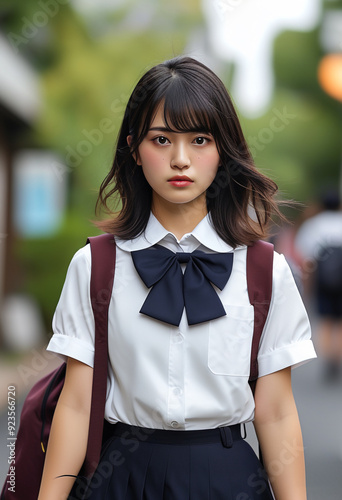 Japanese school girls wearing uniforms on the street photo