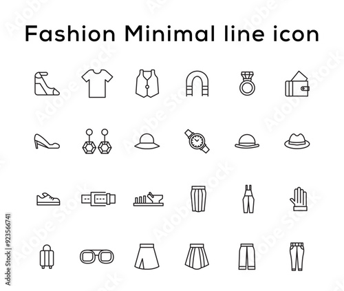 Fashion Minimal line icons collection. Jacket, Winter Coat, Sweatshirt, Dress, Hoody, Jeans, Hat icon for apps and website