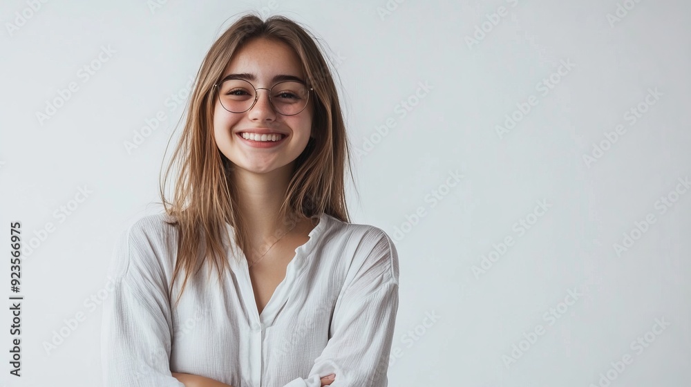 Obraz premium Smiling Young Woman in Casual Attire