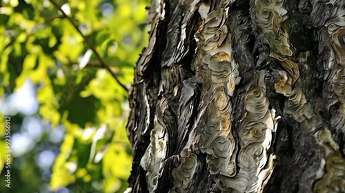 Describe the rough, dark bark of a black locust tree. photo