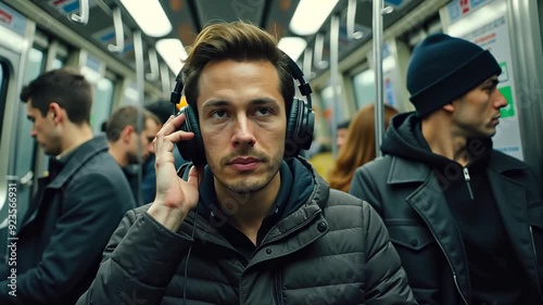 A man wearing headphones is on a subway train. The man is wearing a black jacket and a hat. There are other people on the train, some of whom are wearing headphones as well photo