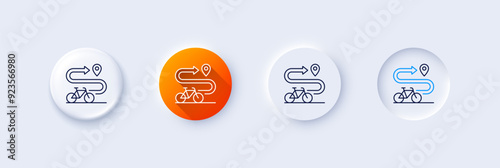 Bike path line icon. Neumorphic, Orange gradient, 3d pin buttons. Delivery bicycle transport sign. Sport activity symbol. Line icons. Neumorphic buttons with outline signs. Vector