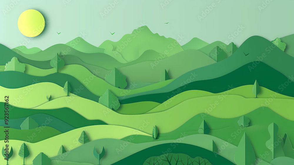 Fototapeta premium Green nature mountains landscape.3d Paper cut abstract minimal nature scene, template background.Vector illustration.