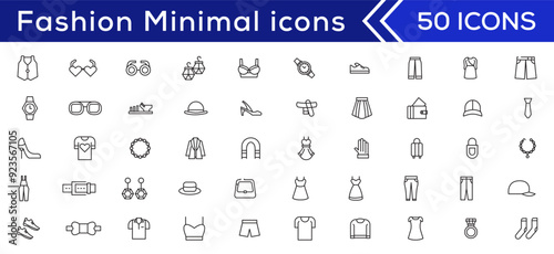 Fashion Minimal line icons collection. Jacket, Winter Coat, Sweatshirt, Dress, Hoody, Jeans, Hat icon for apps and website