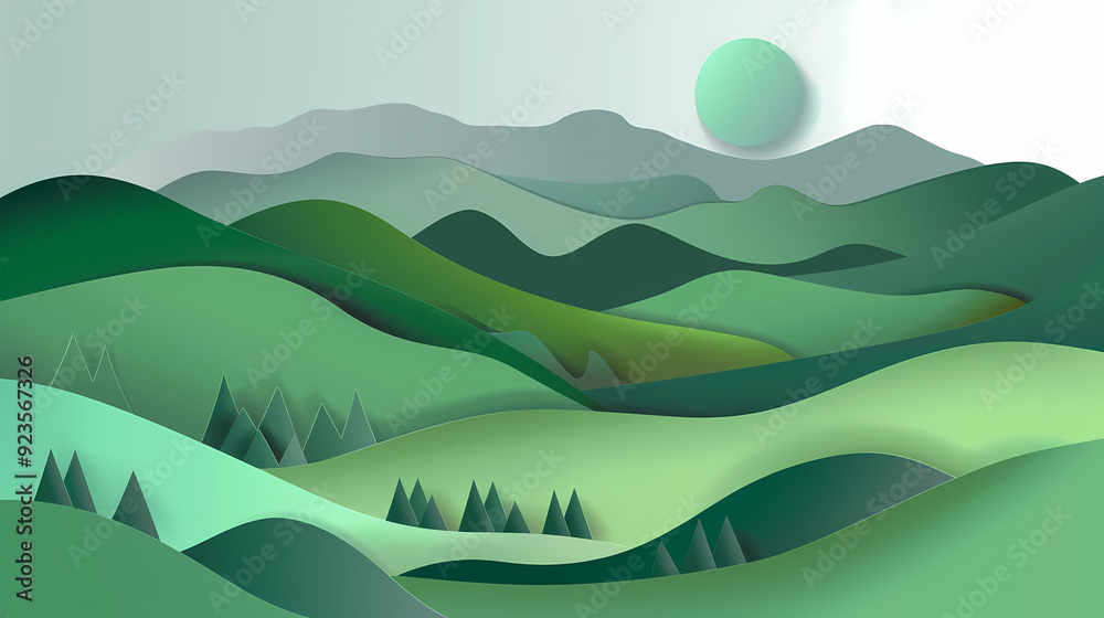 Obraz premium Green nature mountains landscape.3d Paper cut abstract minimal nature scene, template background.Vector illustration.