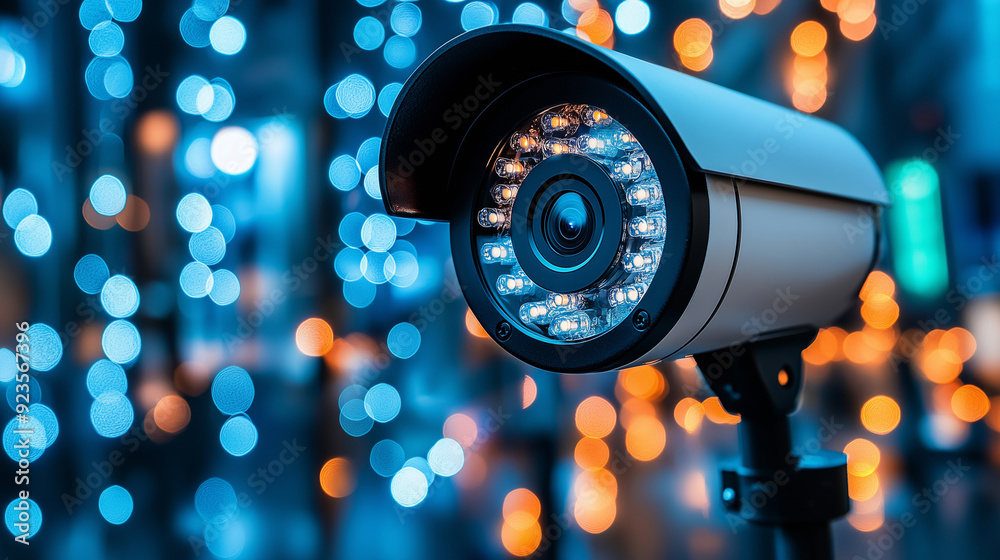 Modern cctv security camera against a backdrop of outoffocus lights, symbolizing vigilance. Modern cctv security camera against a backdrop of outoffocus lights, symbolizing vigilance.
