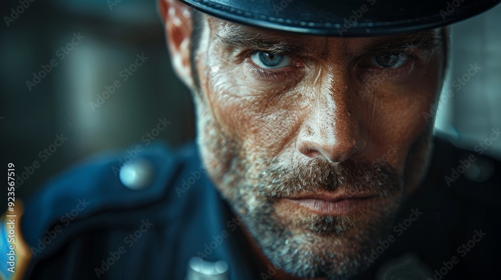 Close-up of a serious law enforcement officer in uniform during a nighttime patrol Close-up of a serious law enforcement officer in uniform during a nighttime patrol
