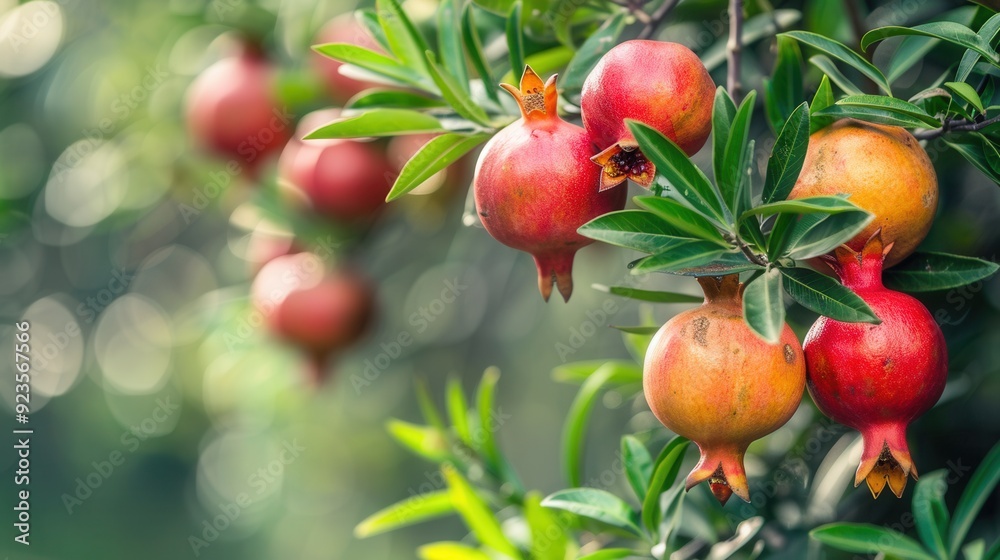 Fresh pomegranate fruit in plantation farm closeup view Fresh pomegranate fruit in plantation farm closeup view