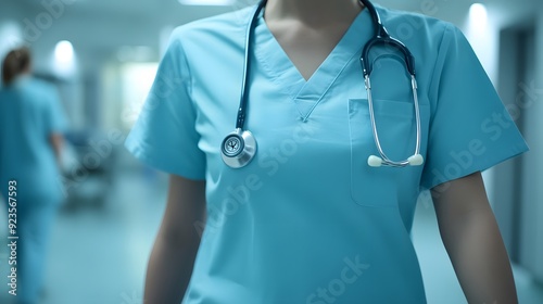 Medical professional in light blue scrubs, stethoscope around neck, torso view, hospital background, bright natural lighting, soft focus, copy space for text, healthcare concept.