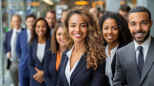 A diverse group of businesspeople poses for a professional team photo, exuding confidence and professionalism, while looking smart and impeccable.