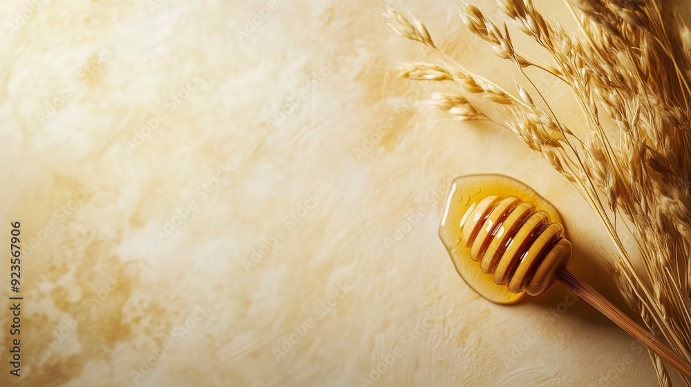 Fototapeta premium A wooden honey dipper rests on a smooth surface with dried grass, evoking a natural ambiance.