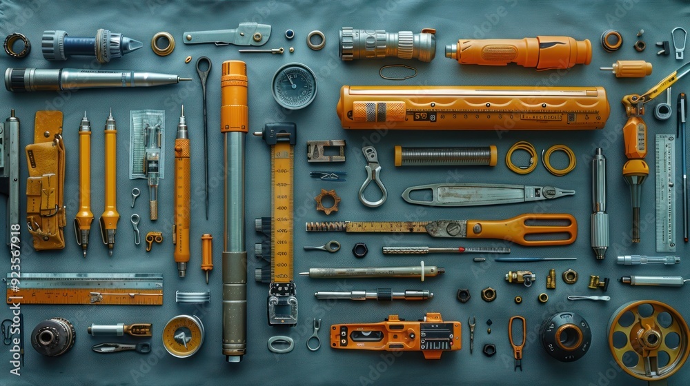 Assorted Precision Tools and Instruments Arranged Neatly on a Blue Surface for Engineering and Craftsmanship Assorted Precision Tools and Instruments Arranged Neatly on a Blue Surface for Engineering and Craftsmanship