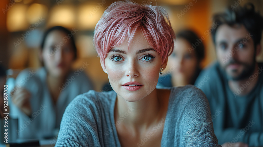 Office Meeting in Conference Room: Beautiful Specialist with Short Pink Hair Talks about Firm Strategy with Diverse Team of Professional Businesspeople. Creative Start-up Team Discusses Big Project.
