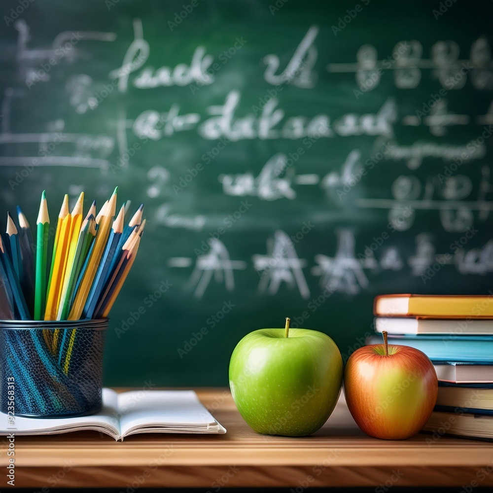 Back to School Essentials A green apple, colored pencils, and a notebook rest on a desk, set against a blurred chalkboard backdrop, evoking a nostalgic classroom ambiance. Back to School Essentials A green apple, colored pencils, and a notebook rest on a desk, set against a blurred chalkboard backdrop, evoking a nostalgic classroom ambiance.
