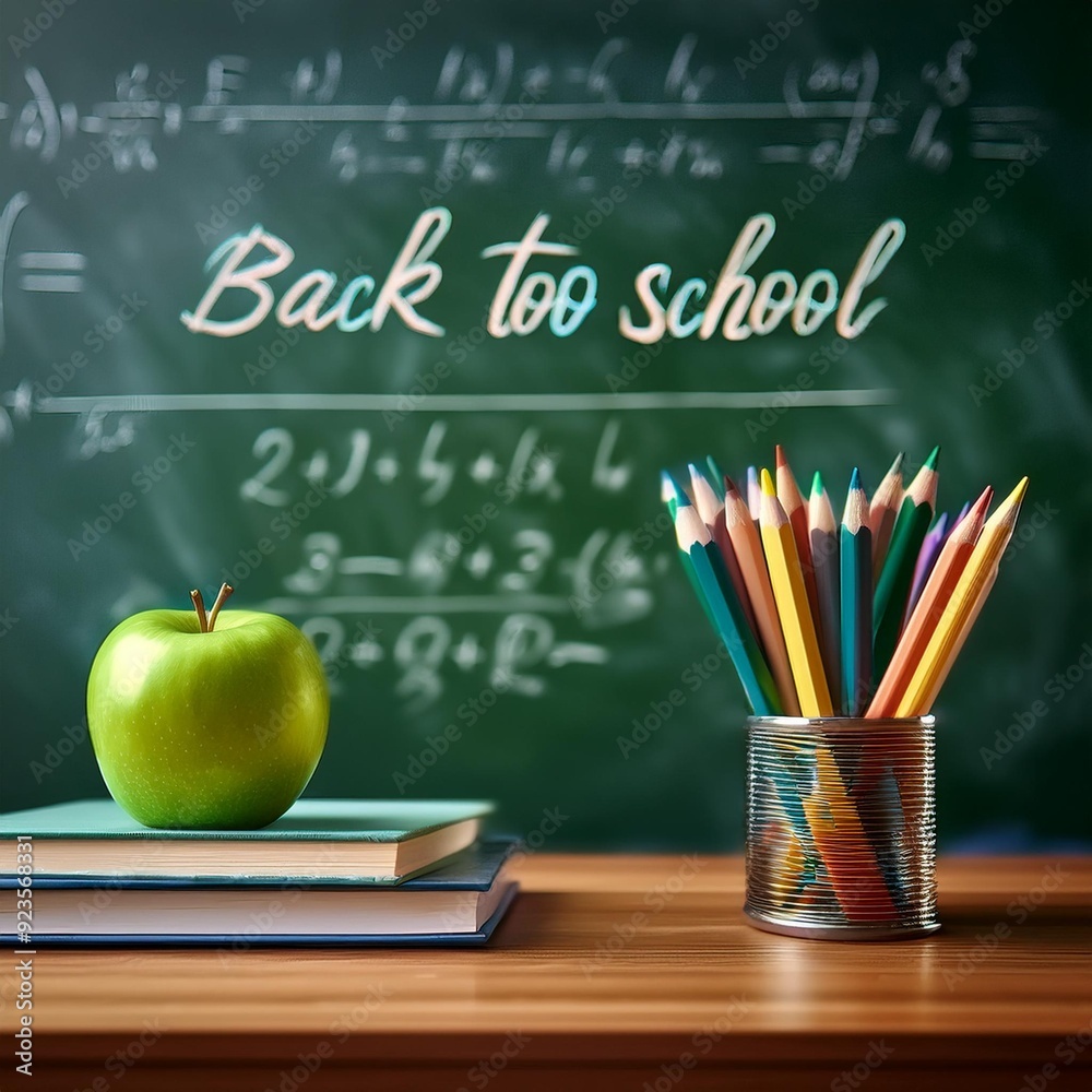 Back to School Essentials A green apple, colored pencils, and a notebook rest on a desk, set against a blurred chalkboard backdrop, evoking a nostalgic classroom ambiance.