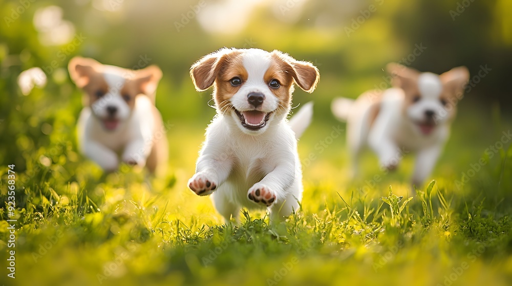 Playful puppies running through green field, sunny day, joyful expressions, diverse breeds, soft focus background, sharp foreground detail, vibrant colors, pet photography. Playful puppies running through green field, sunny day, joyful expressions, diverse breeds, soft focus background, sharp foreground detail, vibrant colors, pet photography.