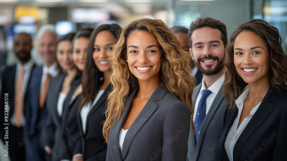 A diverse group of businesspeople poses for a professional team photo, exuding confidence and professionalism, while looking smart and impeccable.