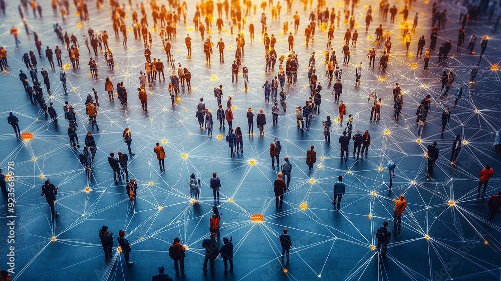 Obraz premium View of a crowd with a network of connections. Big data, smart city, wifi concept.